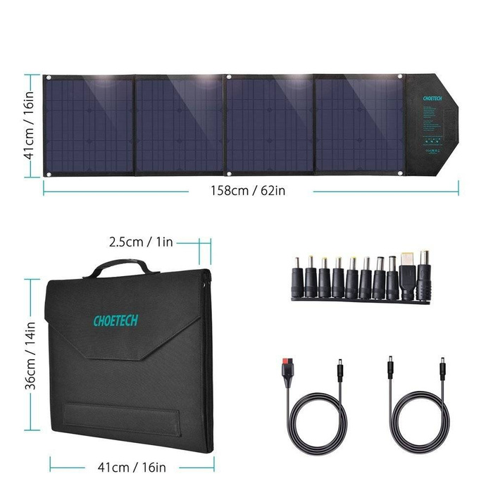 Choetech duża rozkładana ładowarka solarna słoneczna fotowoltaiczna 80W USB Typ C (Power Delivery) / 2x USB (Quick Charge / 2,4A) (158 x 41 cm) czarny (SC007)