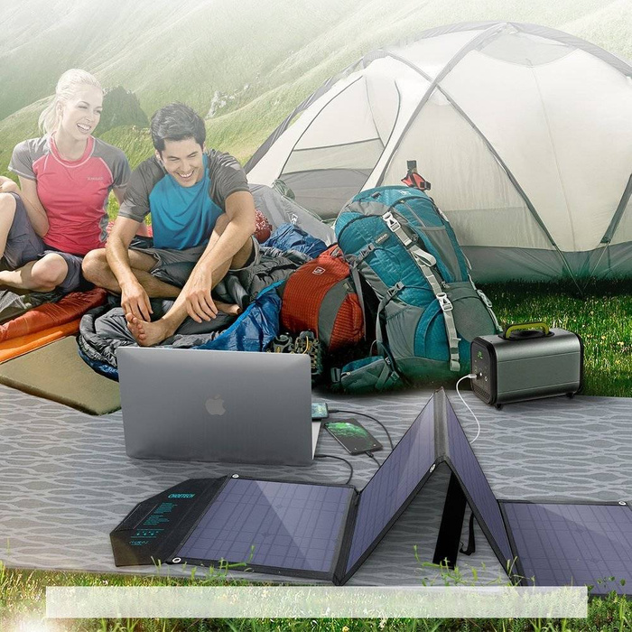 Choetech duża rozkładana ładowarka solarna słoneczna fotowoltaiczna 80W USB Typ C (Power Delivery) / 2x USB (Quick Charge / 2,4A) (158 x 41 cm) czarny (SC007)