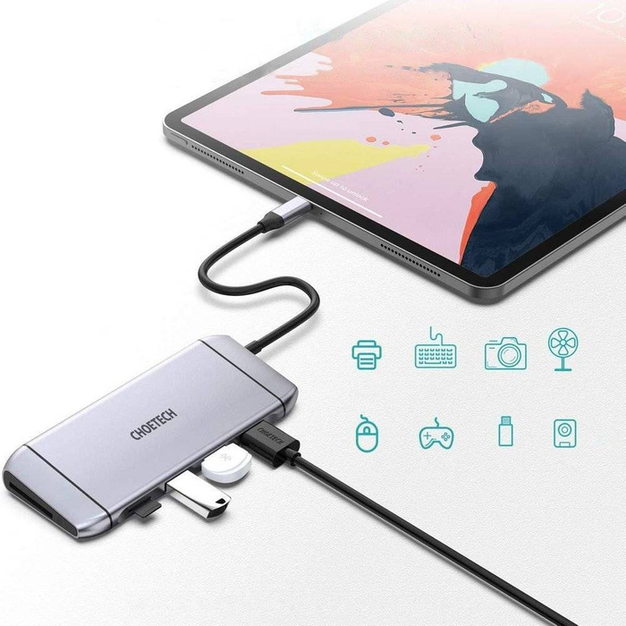 Choetech 9in1 Multifunctional USB Type C HUB - 3x USB 3.2 Gen 1 / SD and TF card reader / HDMI 4K 30Hz / VGA Full HD 60Hz / USB Type C / RJ45 gray (HUB-M15 gray)