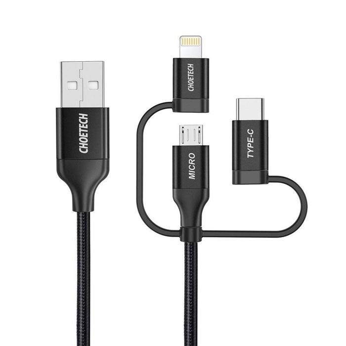 Choetech 3w1 kabel USB MFI Lightning / USB Typ C / micro USB 1,2 m czarny