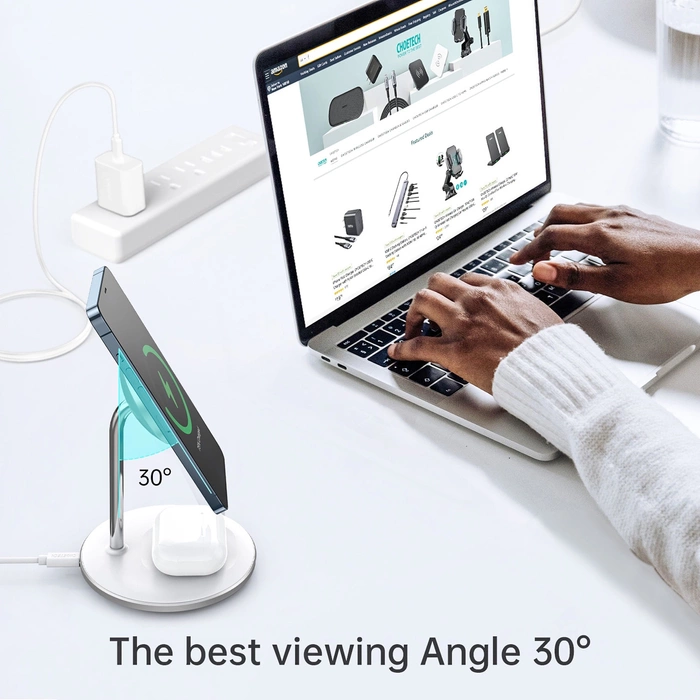 Choetech Qi 15W Wireless Charger for iPhone and AirPods Magnetic Holder Compatible with MagSafe silver (T581-F)
